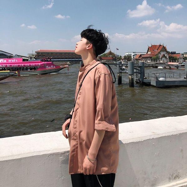 

men's short-sleeved shirts 2021 summer solid color stand-up collar classic loose casual shirt large size -5xl campus youth, White;black