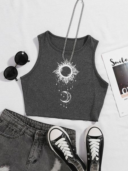 

sun and moon print crop tank s4ph#, White