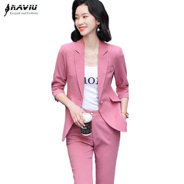

casual fashion suit summer business formal half sleeve blazer and pants office ladies work wear pink 210604, White;black