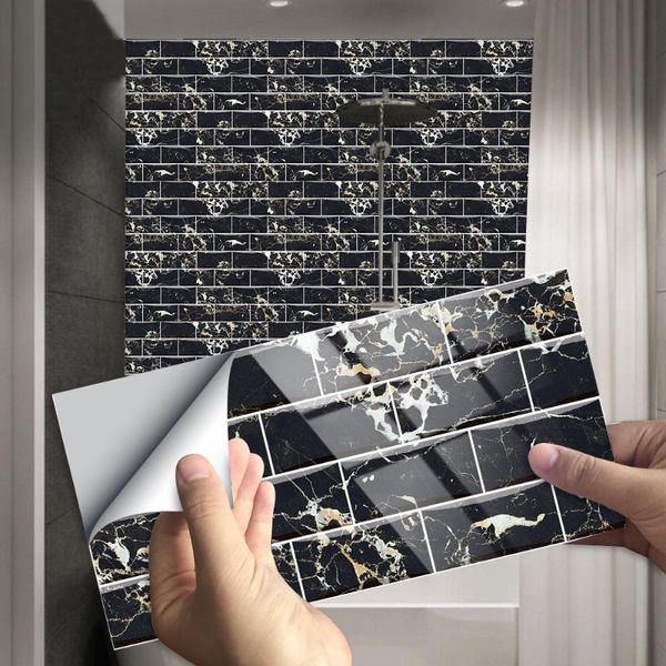 

wall stickers 10pcs/set rectangle black flat marble texture tiles sticker kitchen bathroom home decor peel & stick waterproof art mural
