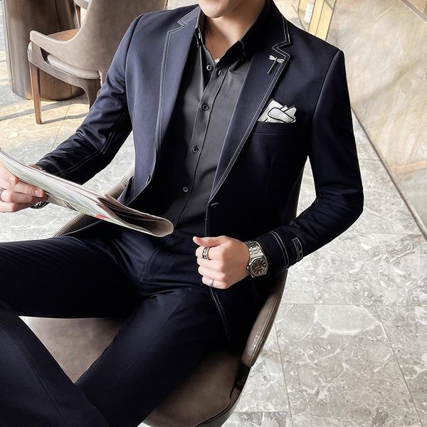 

men's suits & blazers (jacket+pant) 2021 spring autumn fashion business casual solid color / male one button trousers tuxedo, White;black