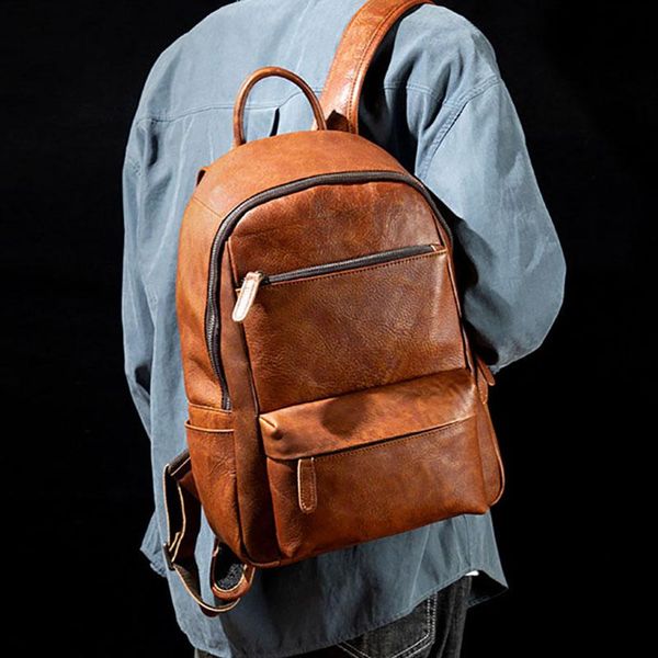 

backpack hand-rubbed vegetable tanned leather backpack, first layer travel bag, trendy computer