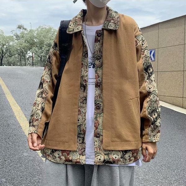 

men's jackets fashion bear stitching jacket tide brand loose spring and autumn couple all-match casual workwear windbreaker, Black;brown