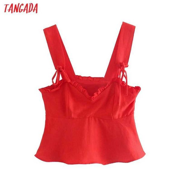 Tangada Women Red Ruffles Bow Camis Crop Top Spaghetti Strap senza maniche Backless Camicette corte Camicie Top donna 4N67 210609