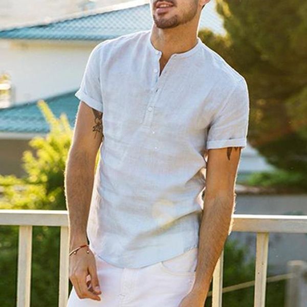 

men's t-shirts men short sleeve v neck shirts retro solid color button stand collar casual clothing male summer leisure t shirt, White;black