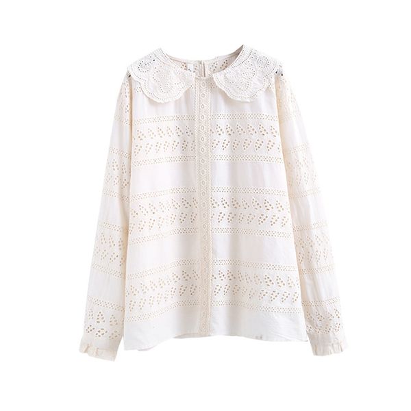 

women's blouses & shirts boutique hollow out lolita peter pan collar long sleeve shirt lace patchwork cotton blouse 010075-lz khzd, White