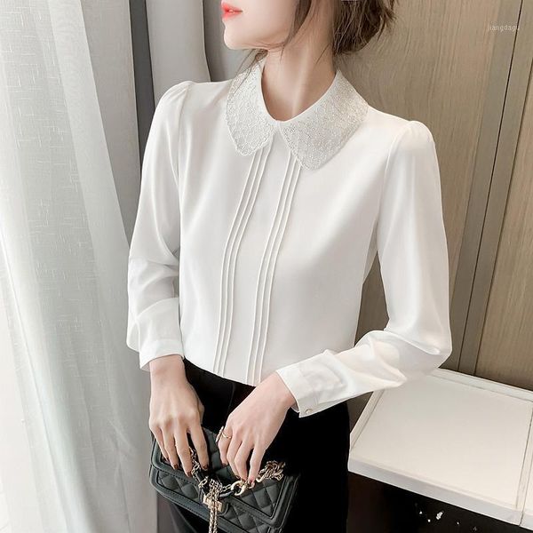 

women's chiffon lapel shirts blouse beaded long sleeve fashion lady ol shirt blusas mujer de moda 2021 blouses &, White