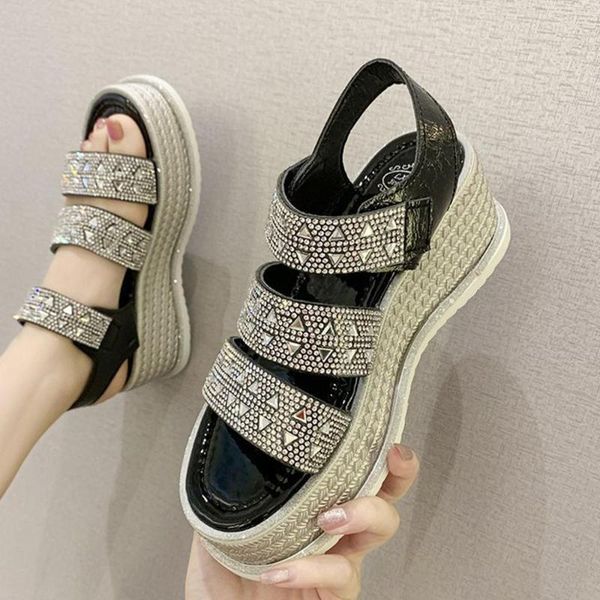 

rhinestone wedge sandals for women 2021 platform fashion beach summer, Black
