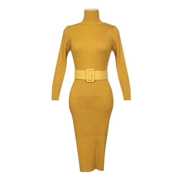 

casual dresses vsue yellow black brown solid long-sleeve sash knitted knee length dress autumn winter elegant high neck d2066, Black;gray