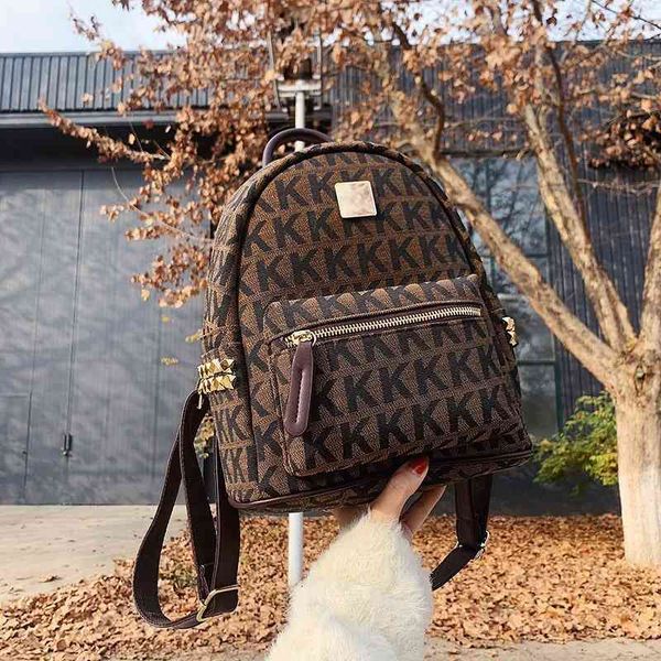 

Bags Backpack K-shaped Rivet Korean Version Chao2021 Brown Double Shoulder Crossbody Bag Fabric, Black;red