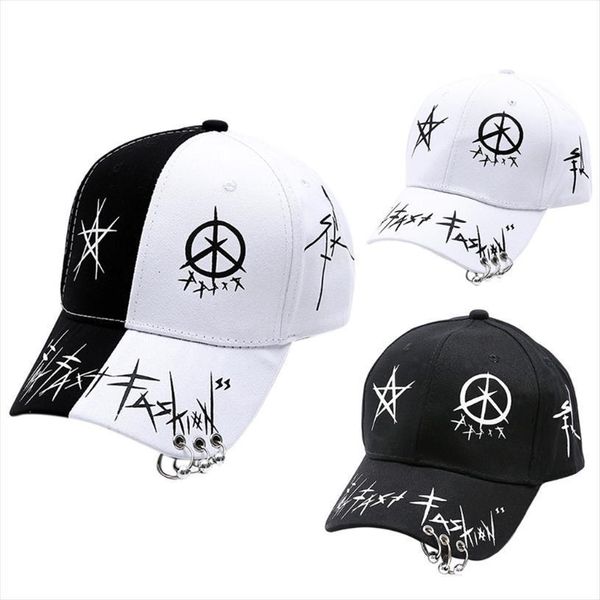 

men women stylish black white graffiti printed baseball cap with 3 metal rings harajuku hip hop adjustable snapback trucker hat, Blue;gray