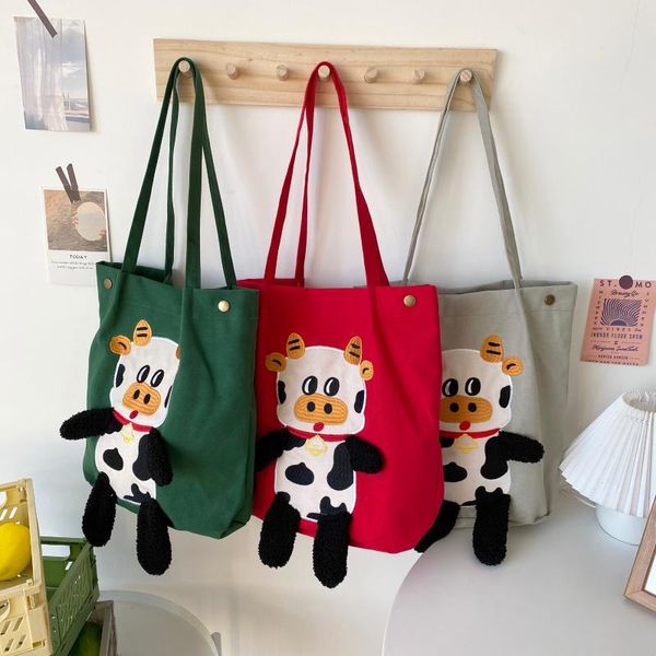 

evening bags women's canvas shoulder bag korean girl cute cow female handbag student fashion all-match large-capacity reusable shopping