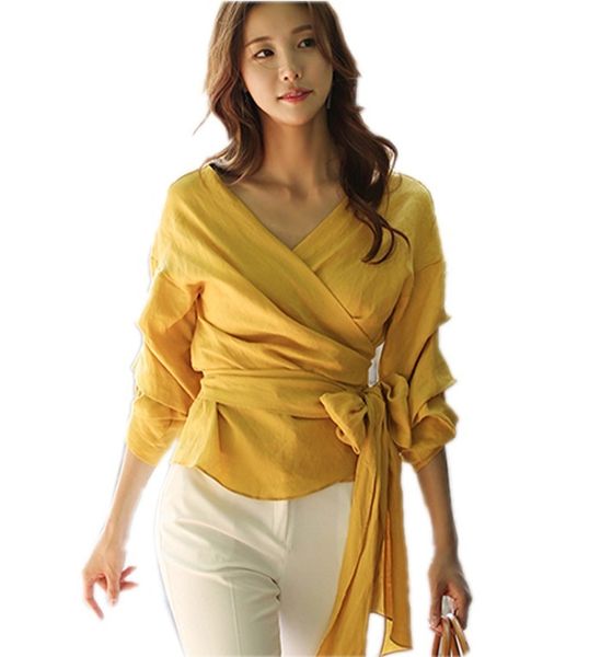 Blusa branca da luva do sopro do outono com cinto mulheres sexy v pescoço camisa elegante cor sólida tops roupas formais para Offic 210514