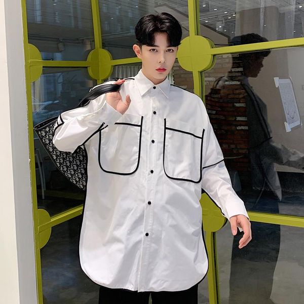 

men's casual shirts male women streetwear hip hop party dress men vintage fashion stripe splice loose long sleeve shirt, White;black