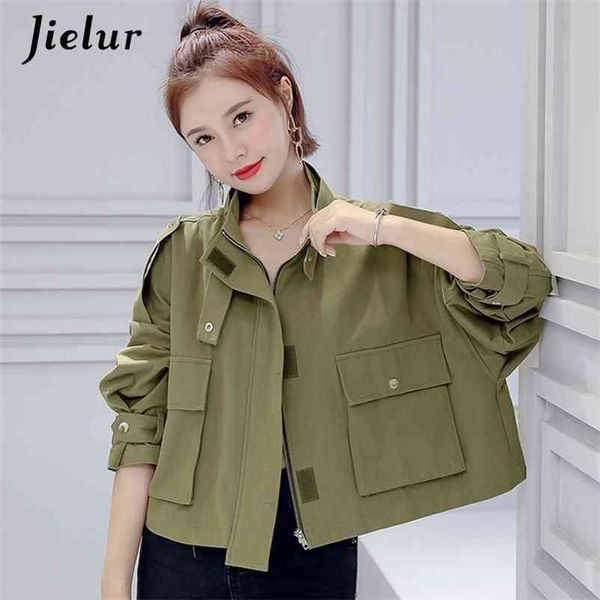 

army green women jacket hipster pockets streetwear turn-down collar short coats zipper autumn button female 210426, Black;brown