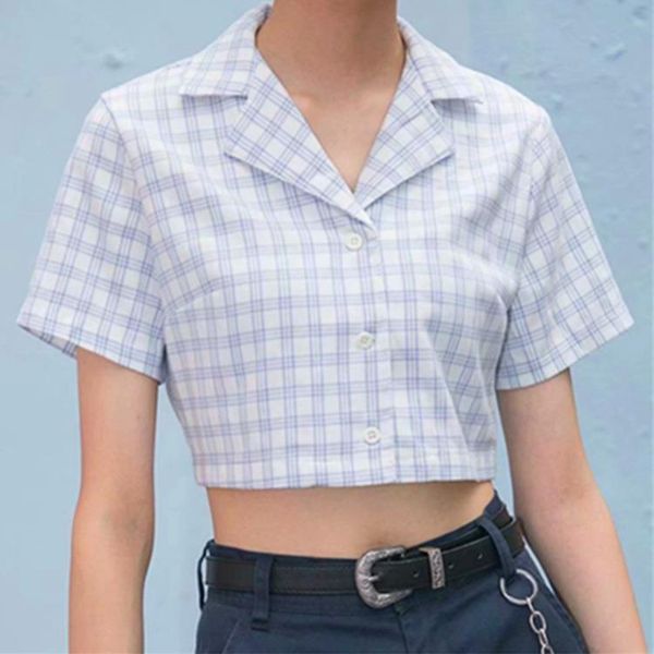 

versatile women tank shirt summer appliques simple lapel loose short sleeve plaid for, White