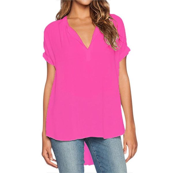 

plus size 4xl fashion women v-neck short sleeves solid summer irregular chiffon blouse casual loose office ladies shirts women's blous, White