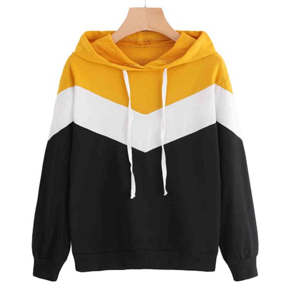 

female striped v-striped block hoodies hoodie longline street with hood cord, Black
