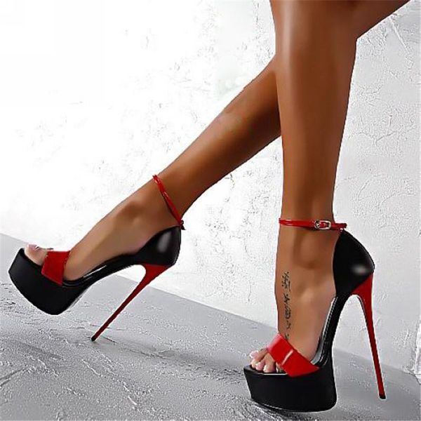 

2021 ultra high heel waterproof platform single sandals color matching hollow nightclub female plus size34-46, Black