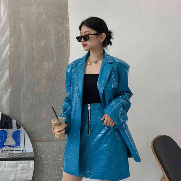 

women's suits & blazers [eam] women blue pu leather big size blazer lapel long sleeve loose fit jacket fashion spring autumn 2022 1da44, White;black