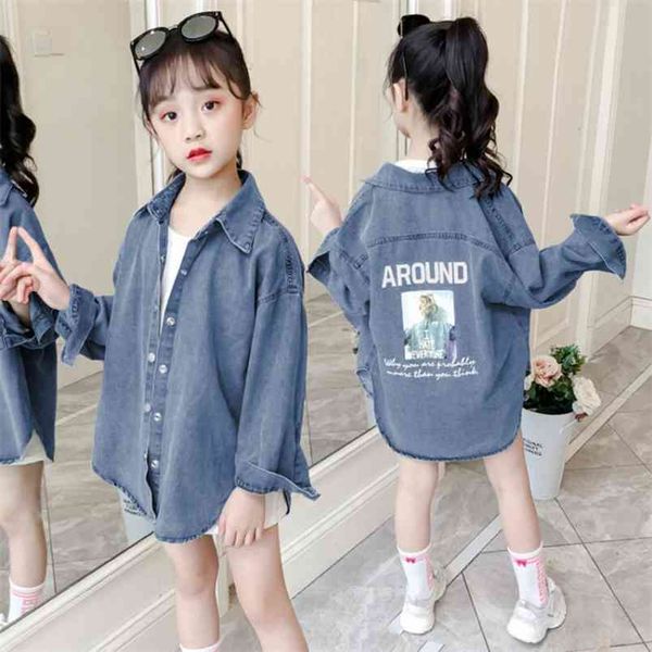 Jeans de primavera Kids Coat Moda Crianças Blusa Jaquetas Outono Bebê Coreano Meninas Longas Casacos Denim Tops Outerwear Roupas 4-14 YRS 210622