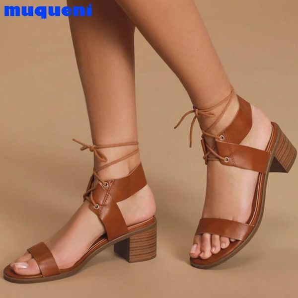 

sandals muqueni women solid strap mid heels gladiator open toe summer shoes ladies leather outdoor female, Black