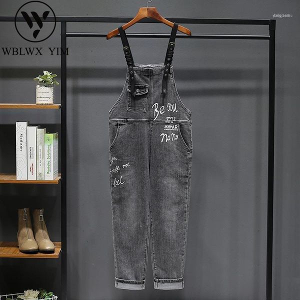 

women's jumpsuits & rompers spring autumn denim overalls women fashion print loose high waist jeans romper long trousers female casual, Black;white
