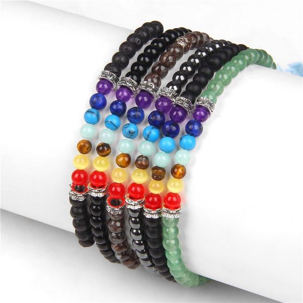 

beaded, strands 4mm mini 7 chakra energy bracelet natural hematite alabaster aventurine lava stone beads healing jewelry for women men, Black