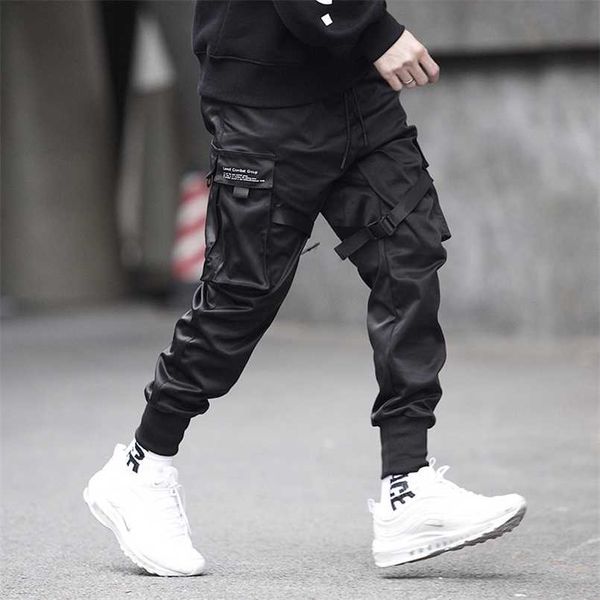 PROWOW homens fitas stwing streetwear calças de carga outono hip hop corredores calças macacões preto moda bolsos folhetos 211112