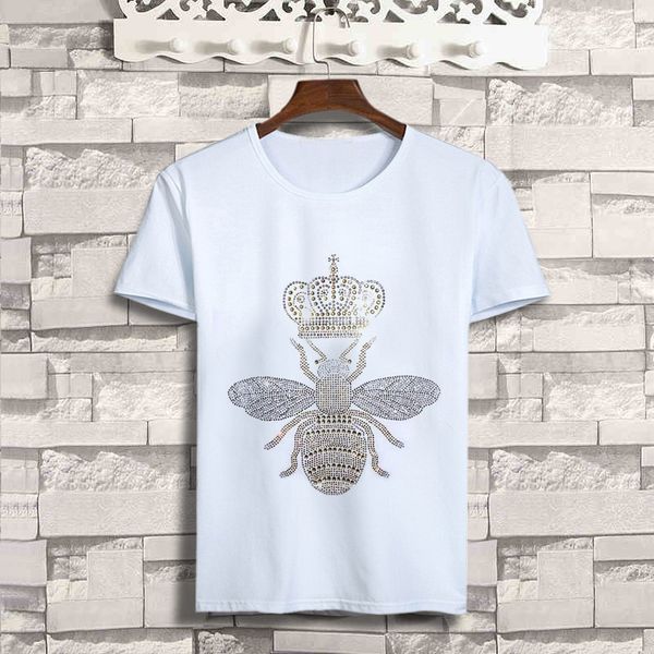 

short bee crown diamond design mens summer t-shirts crew neck sleeve cotton tshirts hommes casual soft plus size tees, White;black