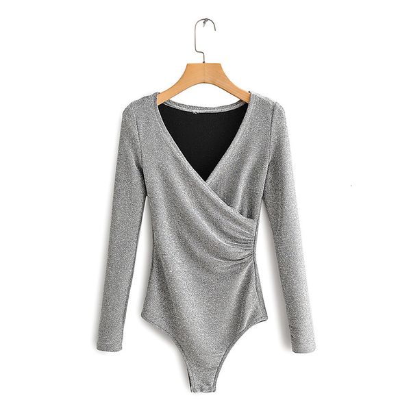

women's jumpsuits & rompers women vintage metallic thread wrap bodysuits fashion deep v neck long sleeve ladies playsuits cas, Black;white