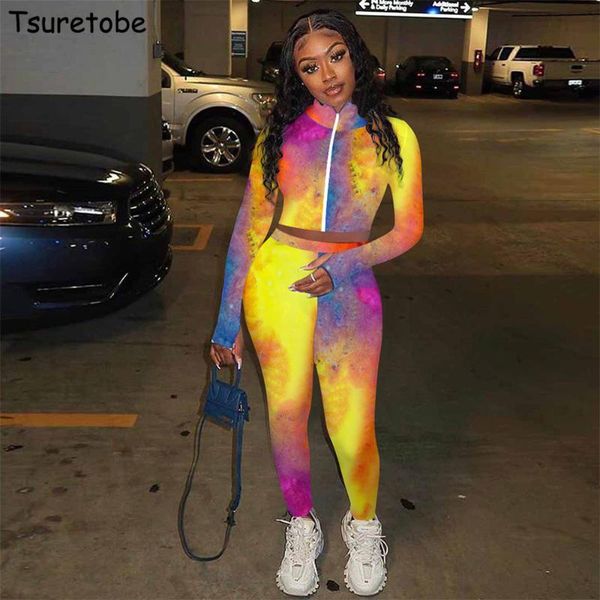 

women's tracksuits tsuretobe tie dye two piece set women print fall clothes for crop woman pants bodycon outfits matching sets 3anq, Gray