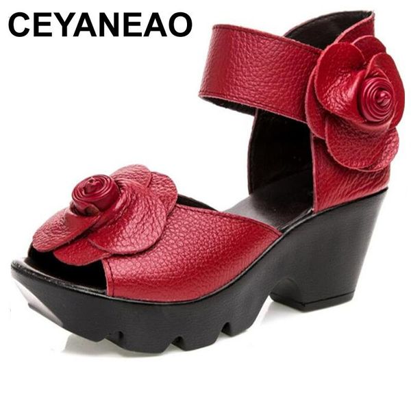 

elegant comfortable fashion sandals summer women 2021 flowers cow leather wedges wedding shoese1863, Black