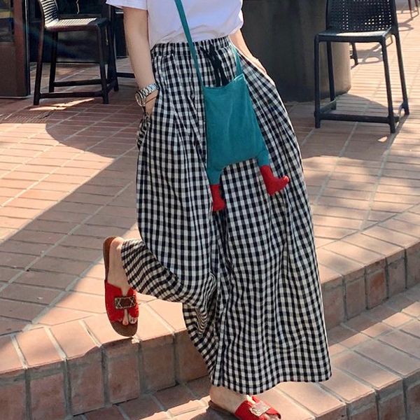 

women's pants & capris summer plaid wide leg skirt elastic high waist slim versatile casual women 0627-1, Black;white