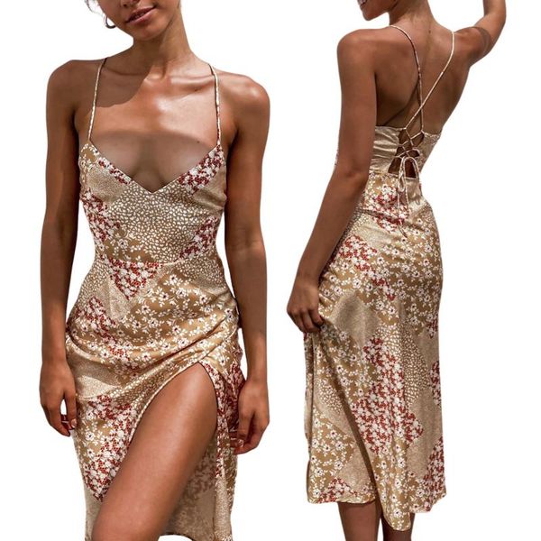 

casual dresses 2021 women\u2021s summer fashion floral mid-length v-neck suspender irregular split dress, Black;gray
