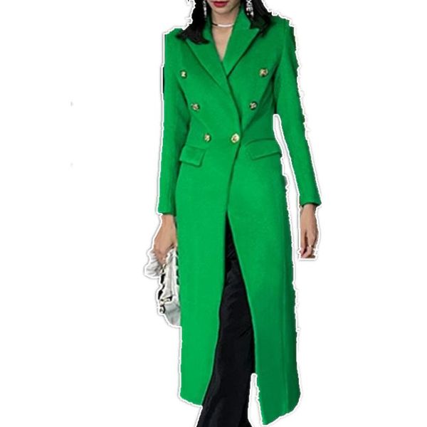 

women's wool & blends x-long split slim high waist winter woolen overcoat women double breasted green ol outwear, Black