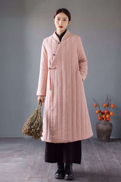

winter linen hanfu down cotton pure color embroidery thickened long tea, Black