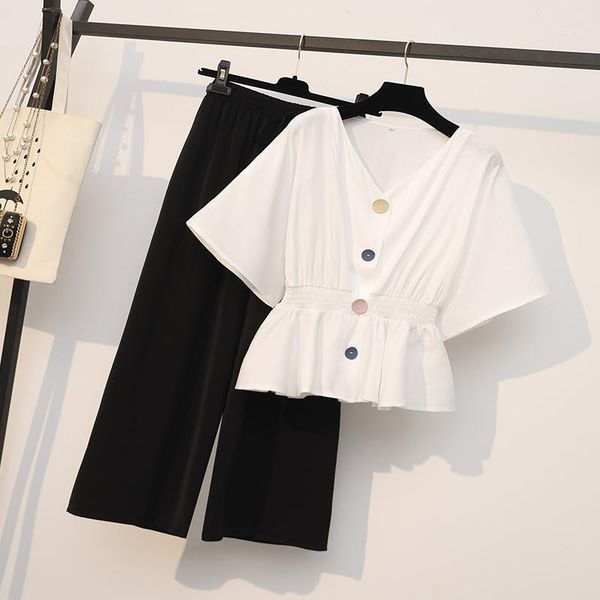 

plus size tracksuits casual two piece suit 2021 summer women fashion candy color button shirt + wide leg pants sets female, Black