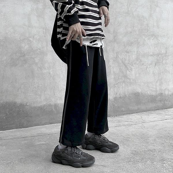 

pants men leisure loose full length korean big size korean style all-match simple thin breasted zipper loose cropped trousers, Black