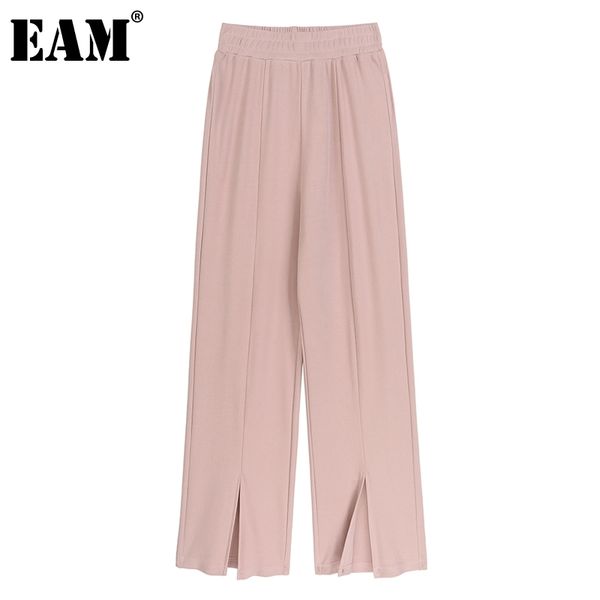 

[eam] high elastic waist pink wide leg slit casual trousers loose fit pants women fashion spring autumn 1dd7822 210512, Black;white