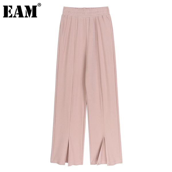 [EAM] Vita alta elastica Rosa Gamba larga Fessura Pantaloni casual Pantaloni larghi Pantaloni donna Moda Primavera Autunno 1DD7822 210512