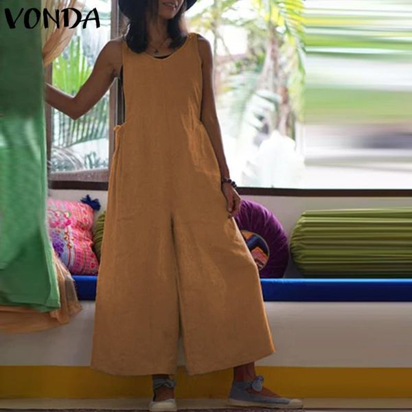 

women's jumpsuits & rompers vonda women wide leg pants 2021 autumn womens jumpsuit v neck sleeveless cotton playsuits casual overalls t, Black;white