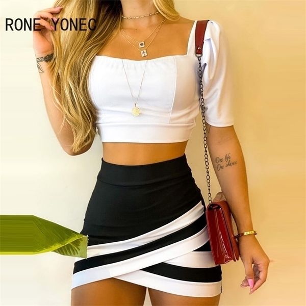 

women plain short sleeve crop & high waisted colorblock skirt set summer vacation suit 220314, White