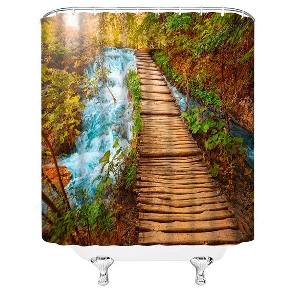 

waterfall shower curtain dense jungle plants river wooden corridor yellow autumn,70x70 inch polyester fabric bathroom