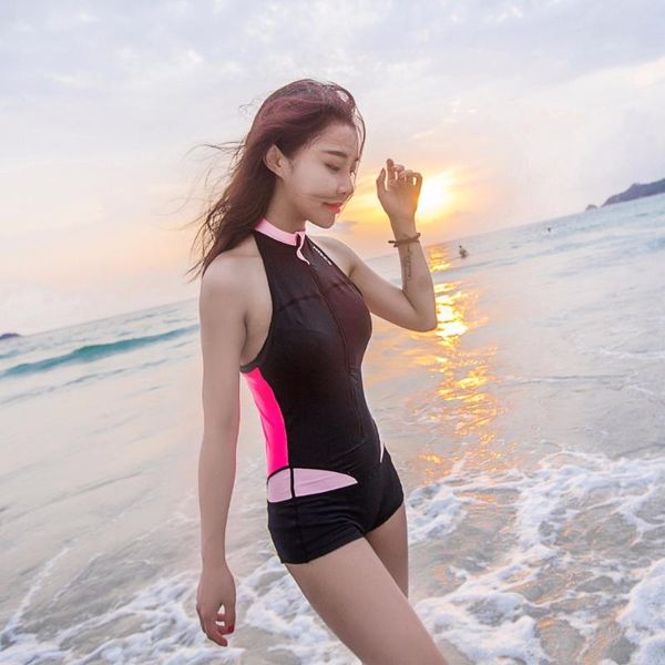 

one-piece suits hisea women rash guard lycra light sleeveless elastic swimsuit calico zipper surf shirt short pants swimming clothes