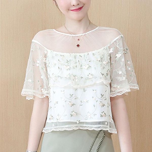 

women's blouses & shirts blusas mujer de moda 2021 ladies floral spliced short chiffon flare sleeve korean clothing lace blouse women, White