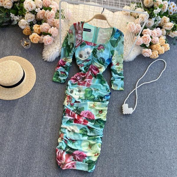 

summer runway women flower printed pleated bodycon dress female elegant puff sleeve high elastic waist draped mesh casual dresses, Black;gray