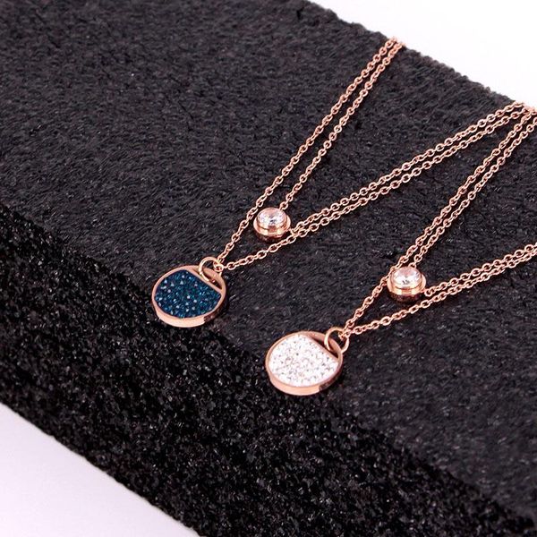 

pendant necklaces stainless steel double-deck love round pendants necklace couple romantic blue white crystal women wedding jewelry, Silver