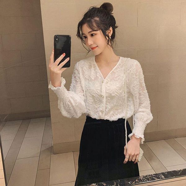 

sweet women fringed feather perspective v neck blouses elegant solid chiffon shirts ladies long sleeve white lace blouse women's &