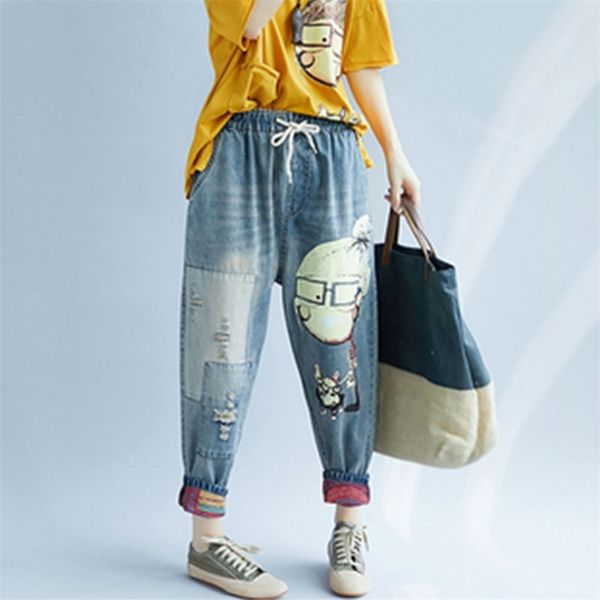 

arrival spring autumn arts style cartoon print loose casual jeans vintage hole cotton denim harem pants plus size m583 210512, Blue